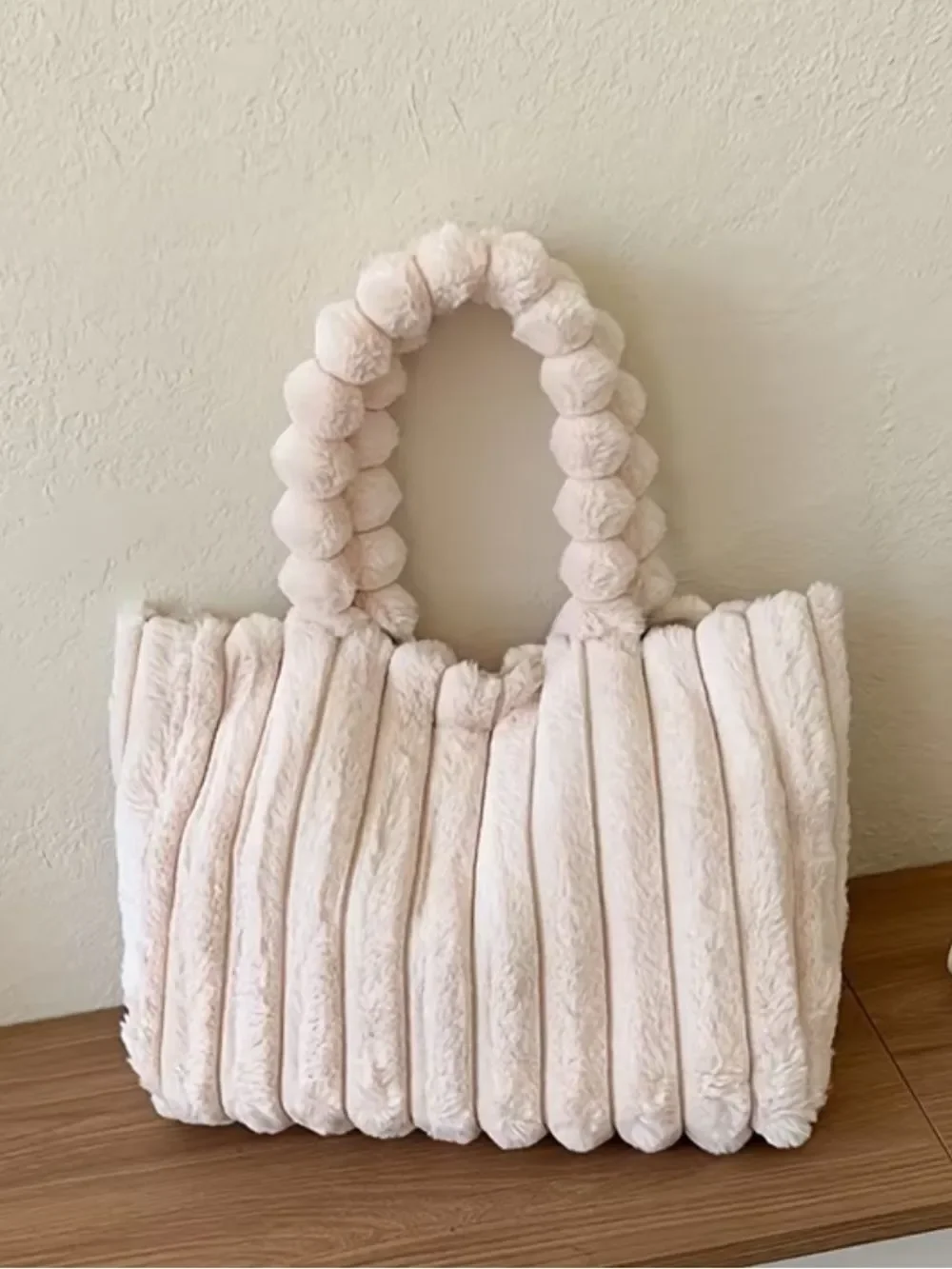 Plush Faux Fur Tote Bag in white- Soft Handle Carryall